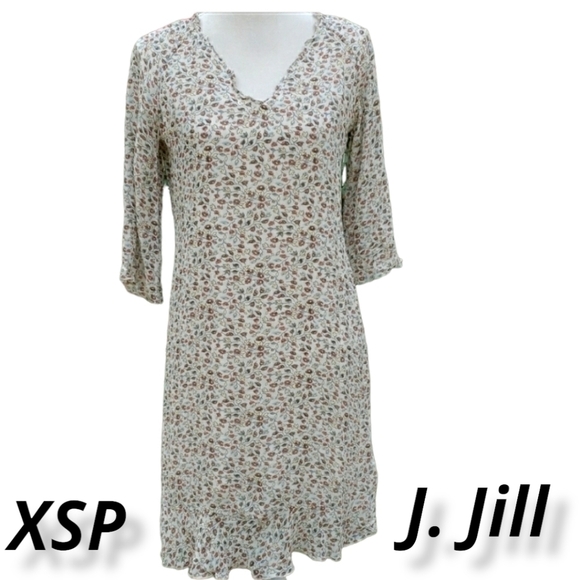 J. Jill Dresses & Skirts - J Jill Shift Dress 3/4 Sleeves V Neck Small Petite see measures Tan Floral EUC